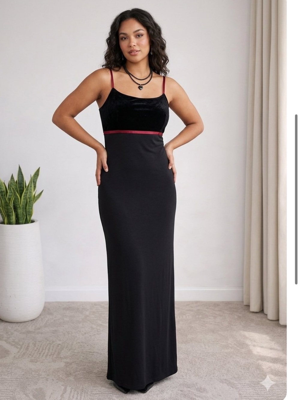 Vintage 90s Whimsy Goth Velvet Maxi Dress Black Burgundy Trim Sheath